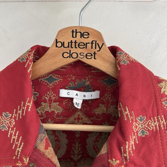 Vintage CAbi Red/gold Boho Print Tapestry Full Zip Vest Medium DD1979 - Picture 2 of 3